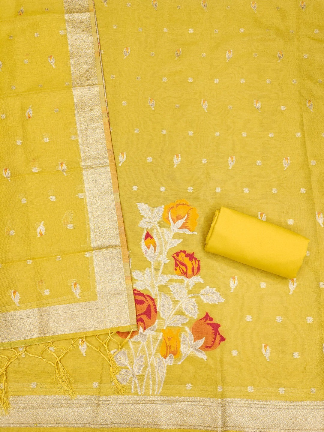 Sophisticated Yellow Floral Weaving Tissue Shimmer Jacquard Dress Material - Image 3
