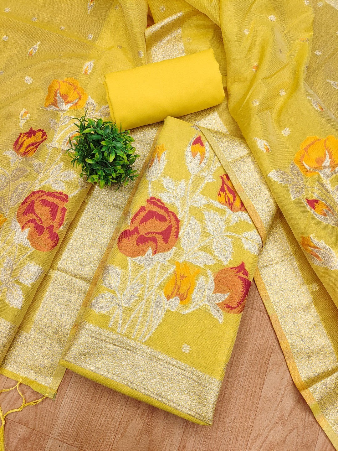 Sophisticated Yellow Floral Weaving Tissue Shimmer Jacquard Dress Material - Image 5