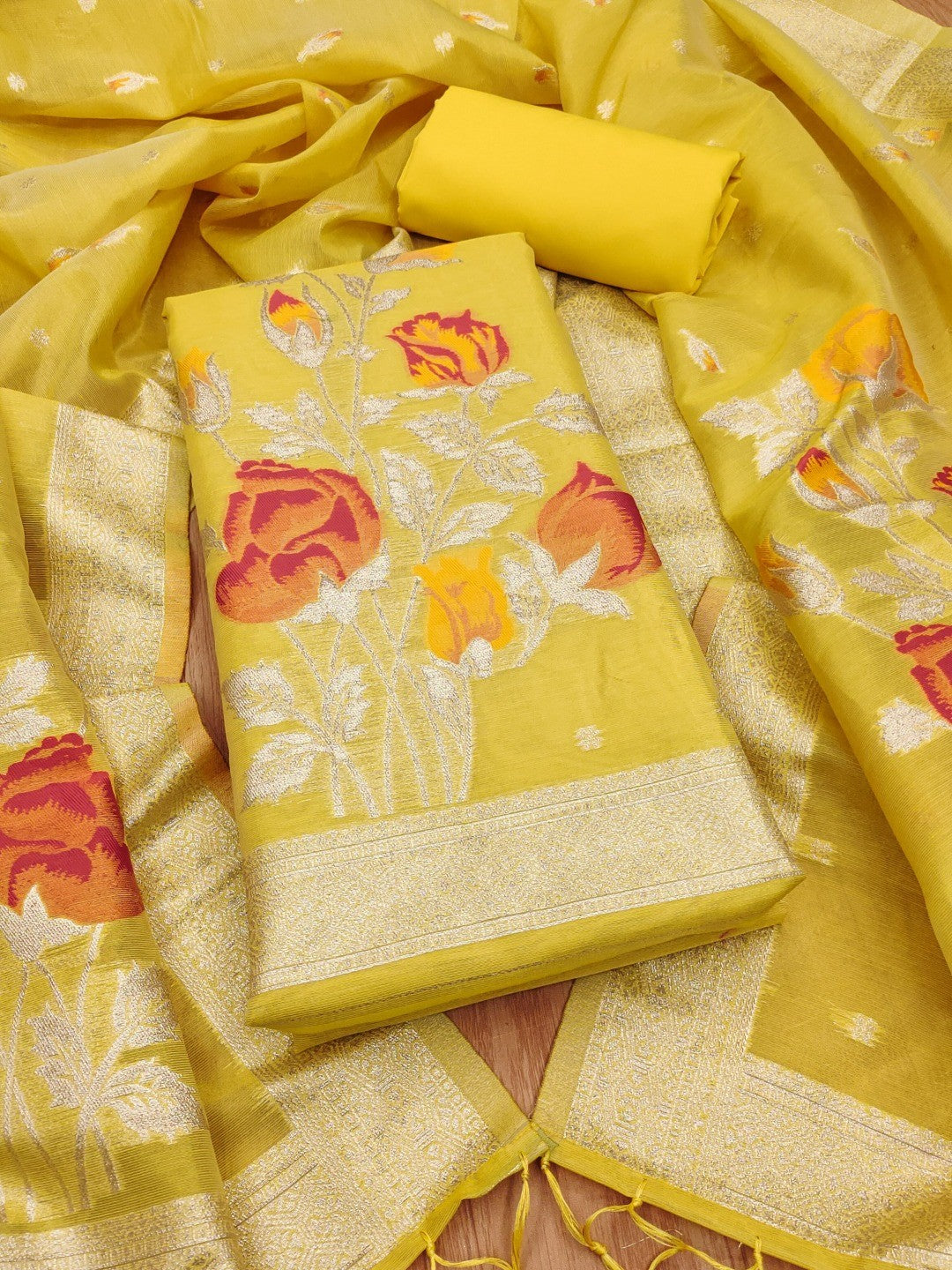 Sophisticated Yellow Floral Weaving Tissue Shimmer Jacquard Dress Material - Image 1