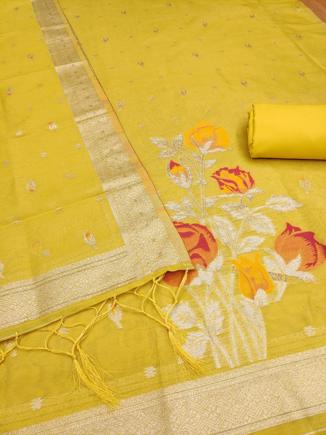 Sophisticated Yellow Floral Weaving Tissue Shimmer Jacquard Dress Material - Image 4