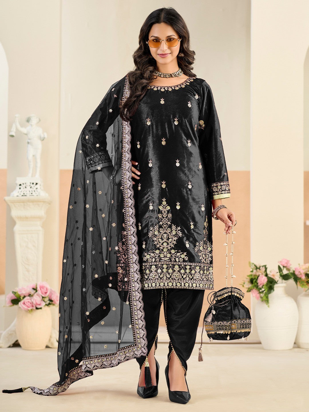 Elegant Black Velvet Salwar Suit with Sequins Embroidery Work - Image 1