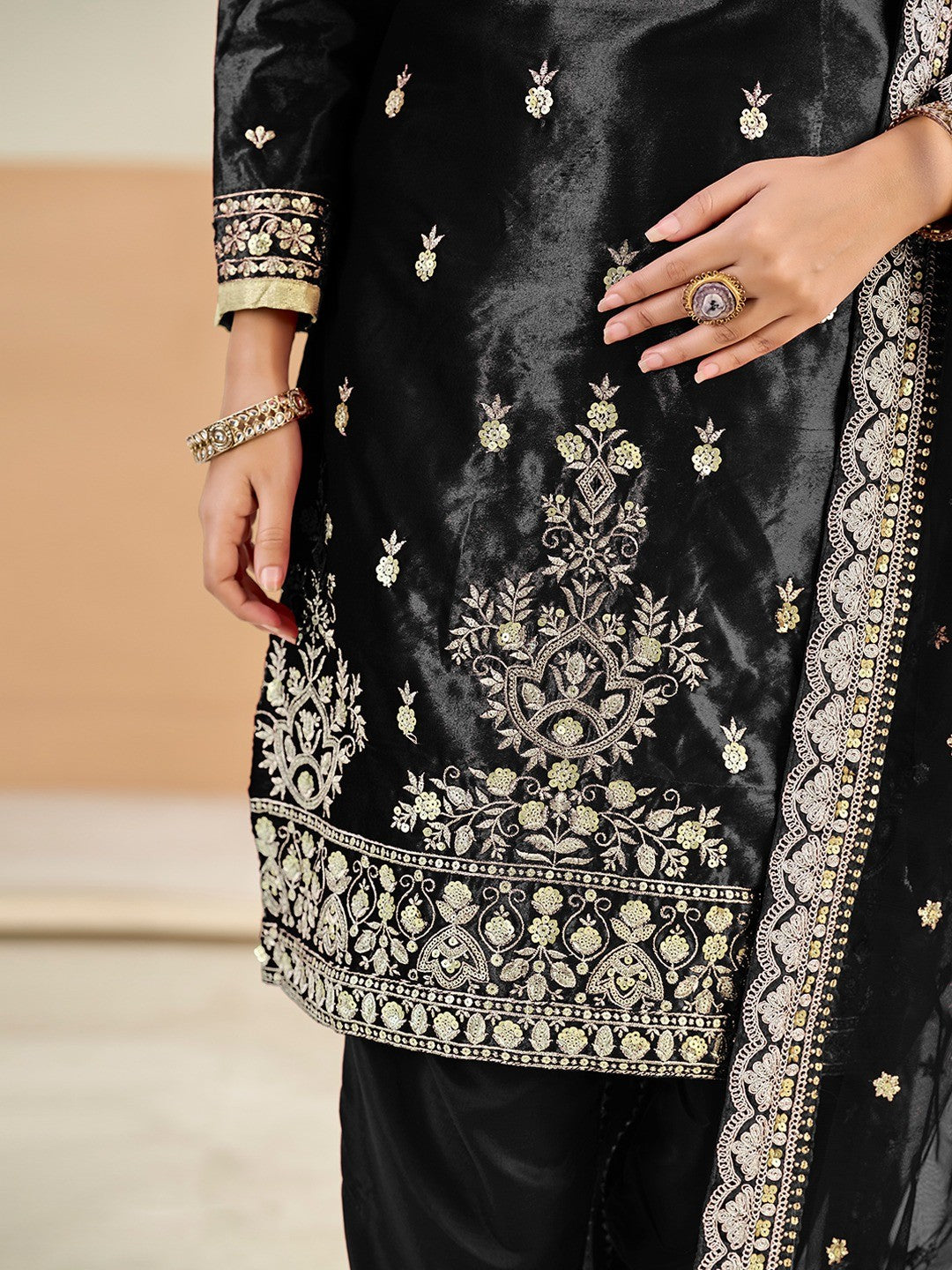 Elegant Black Velvet Salwar Suit with Sequins Embroidery Work - Image 2