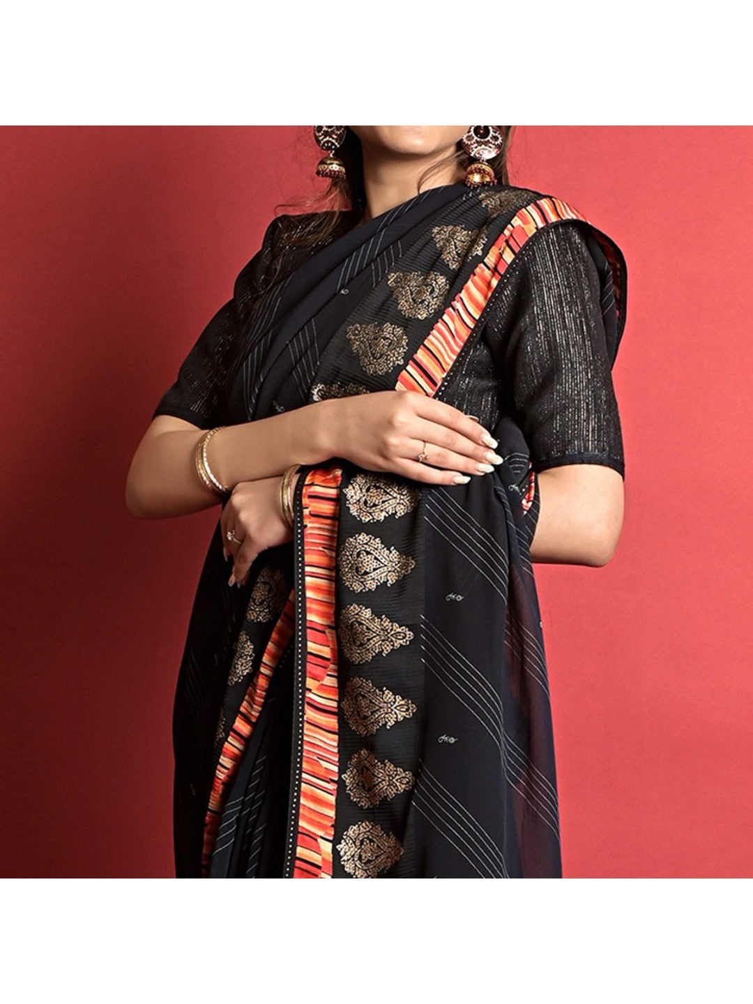 Black Printed Georgette Saree - Image 1