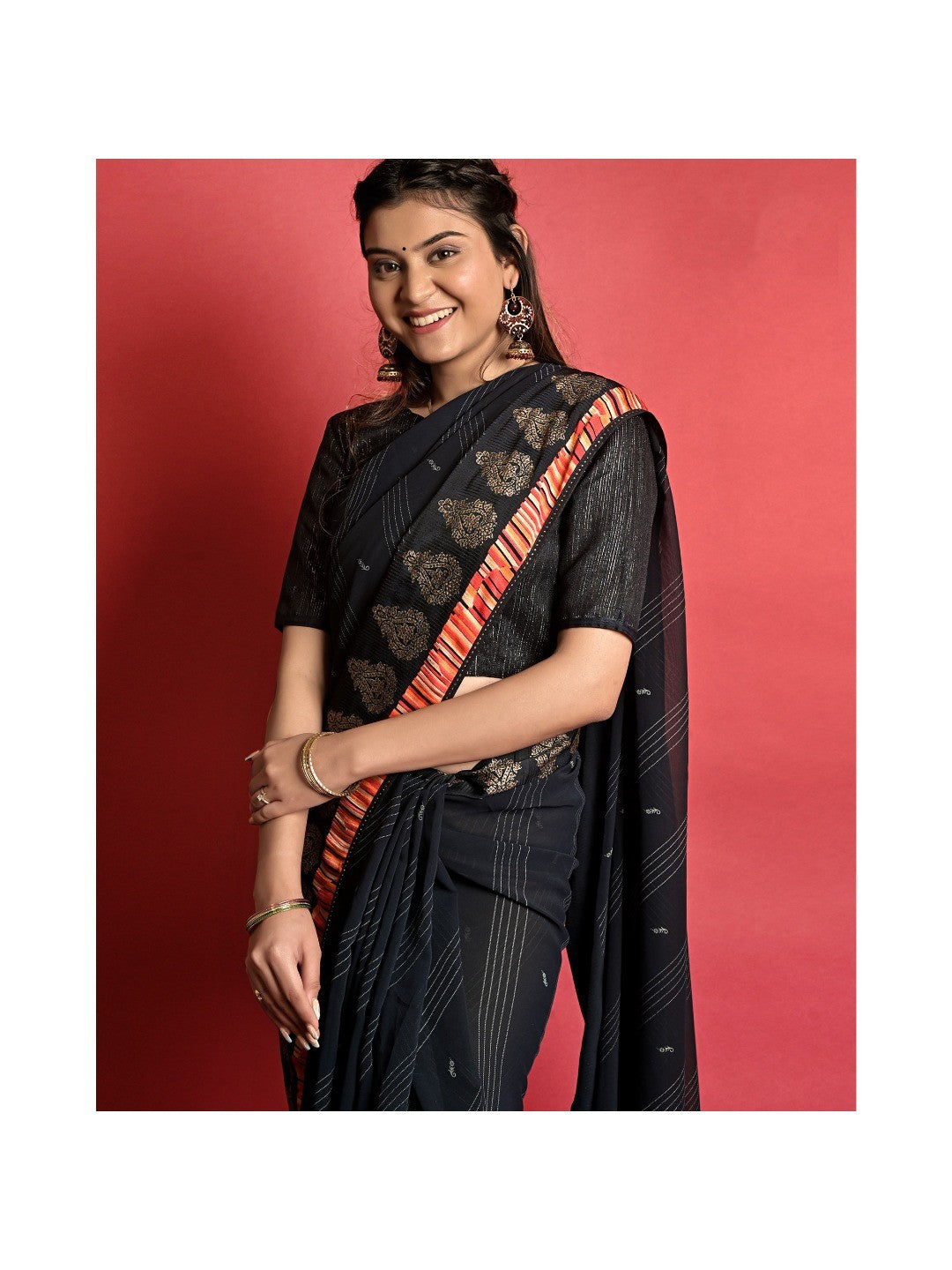 Black Printed Georgette Saree - Image 1