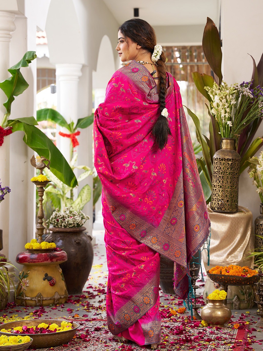 Classic Pink Soft Silk Blend Saree Enhanced With Traditional Floral Weaving & Tassel Pallu - Image 2