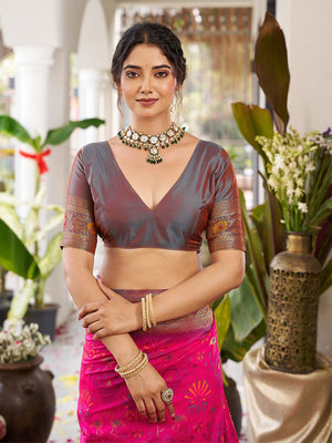 Classic Pink Soft Silk Blend Saree Enhanced With Traditional Floral Weaving & Tassel Pallu - Image 2