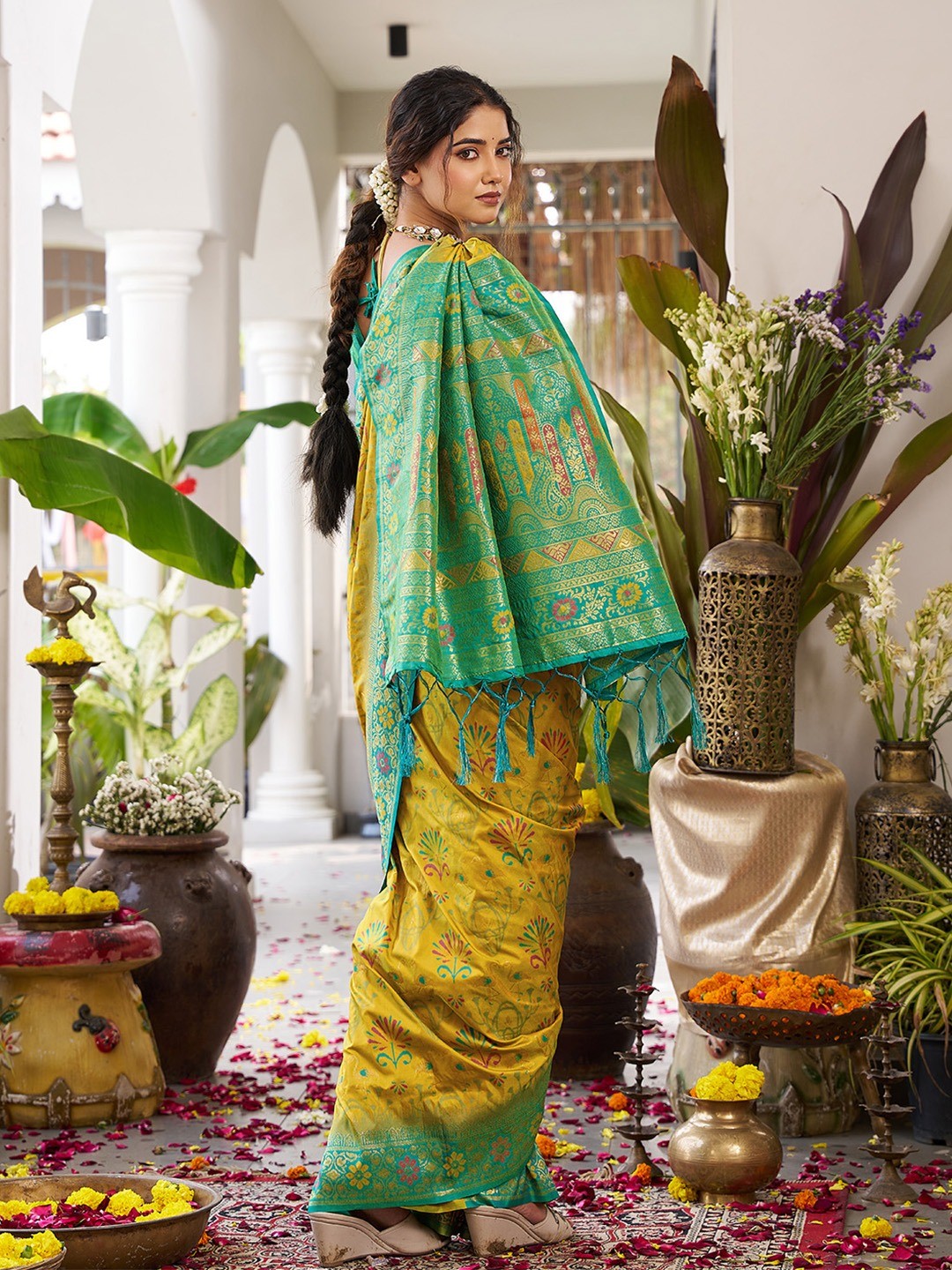 Classic Mustard Soft Silk Blend Saree Enhanced With Traditional Floral Weaving & Tassel Pallu - Image 2