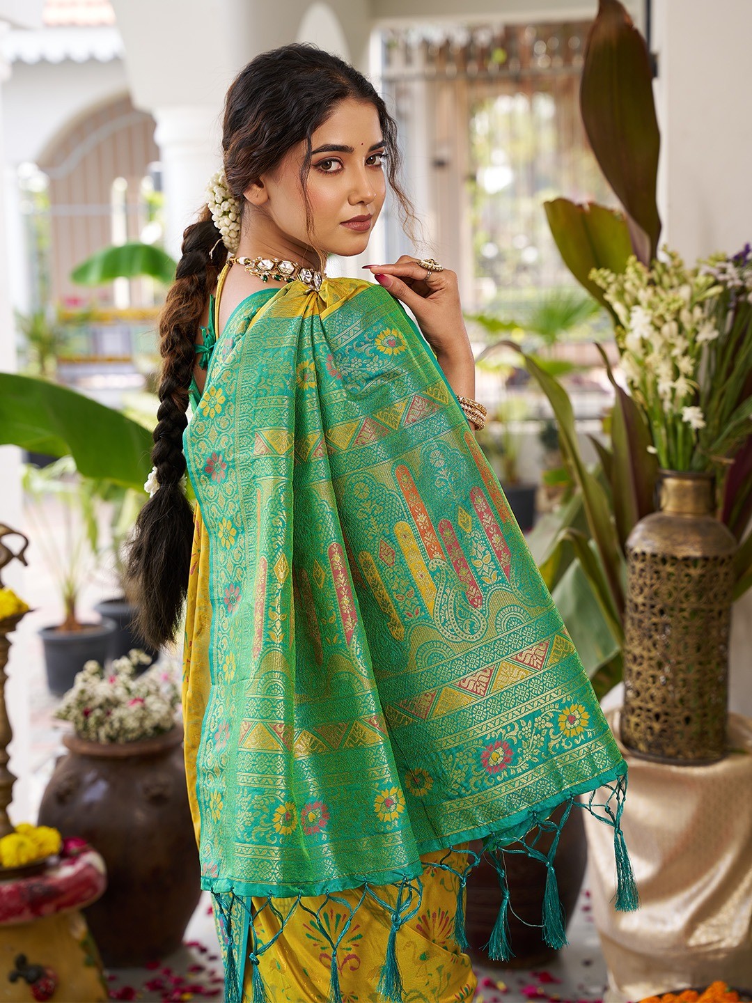Classic Mustard Soft Silk Blend Saree Enhanced With Traditional Floral Weaving & Tassel Pallu - Image 7