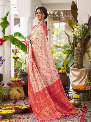 Classic Cream Soft Silk Blend Saree Enhanced With Traditional Floral Weaving & Tassel Pallu - Image 2
