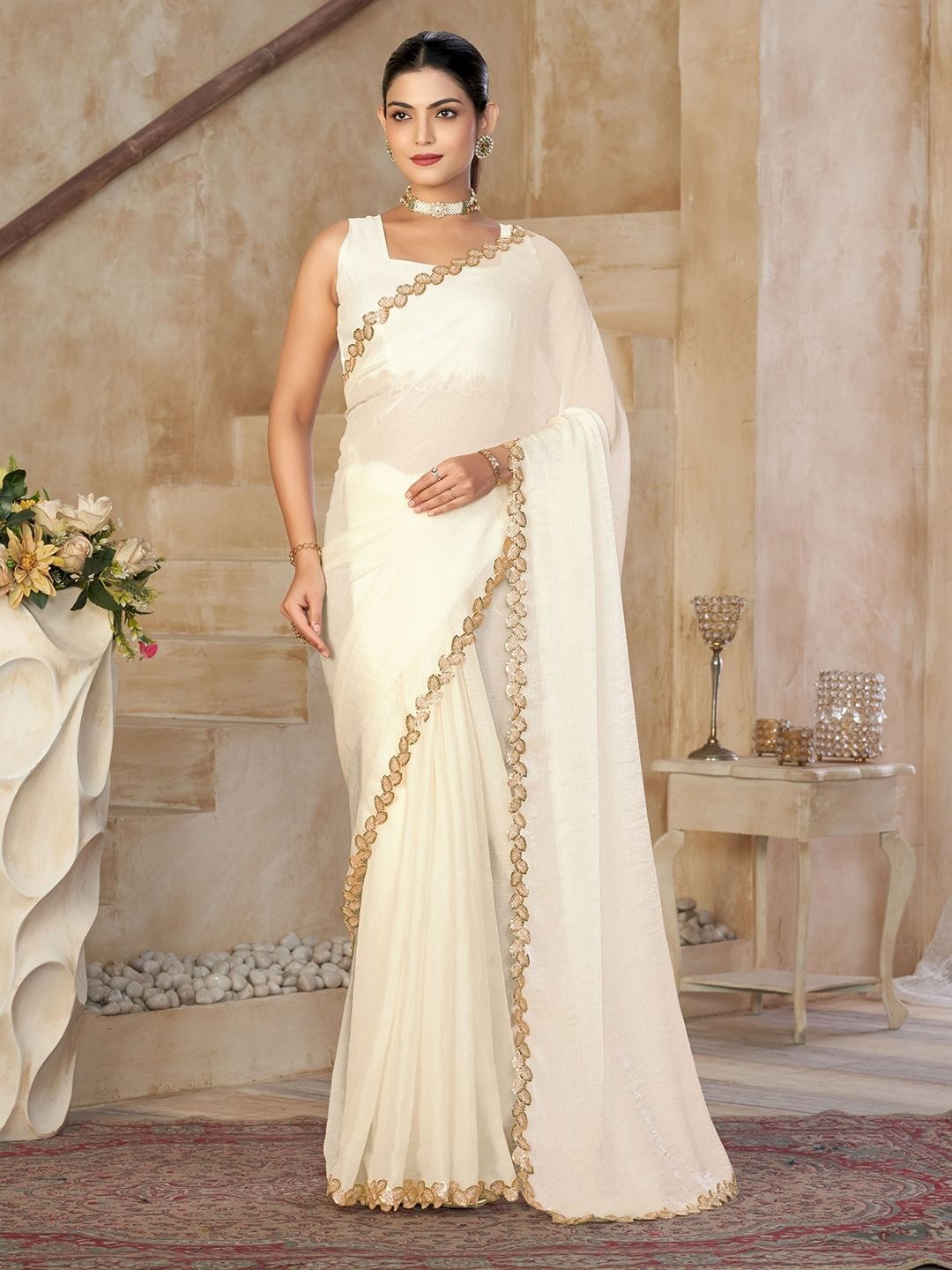 Off-White Satin Saree with Intricate Border Detailing for Elegant Evening Wear - Image 1