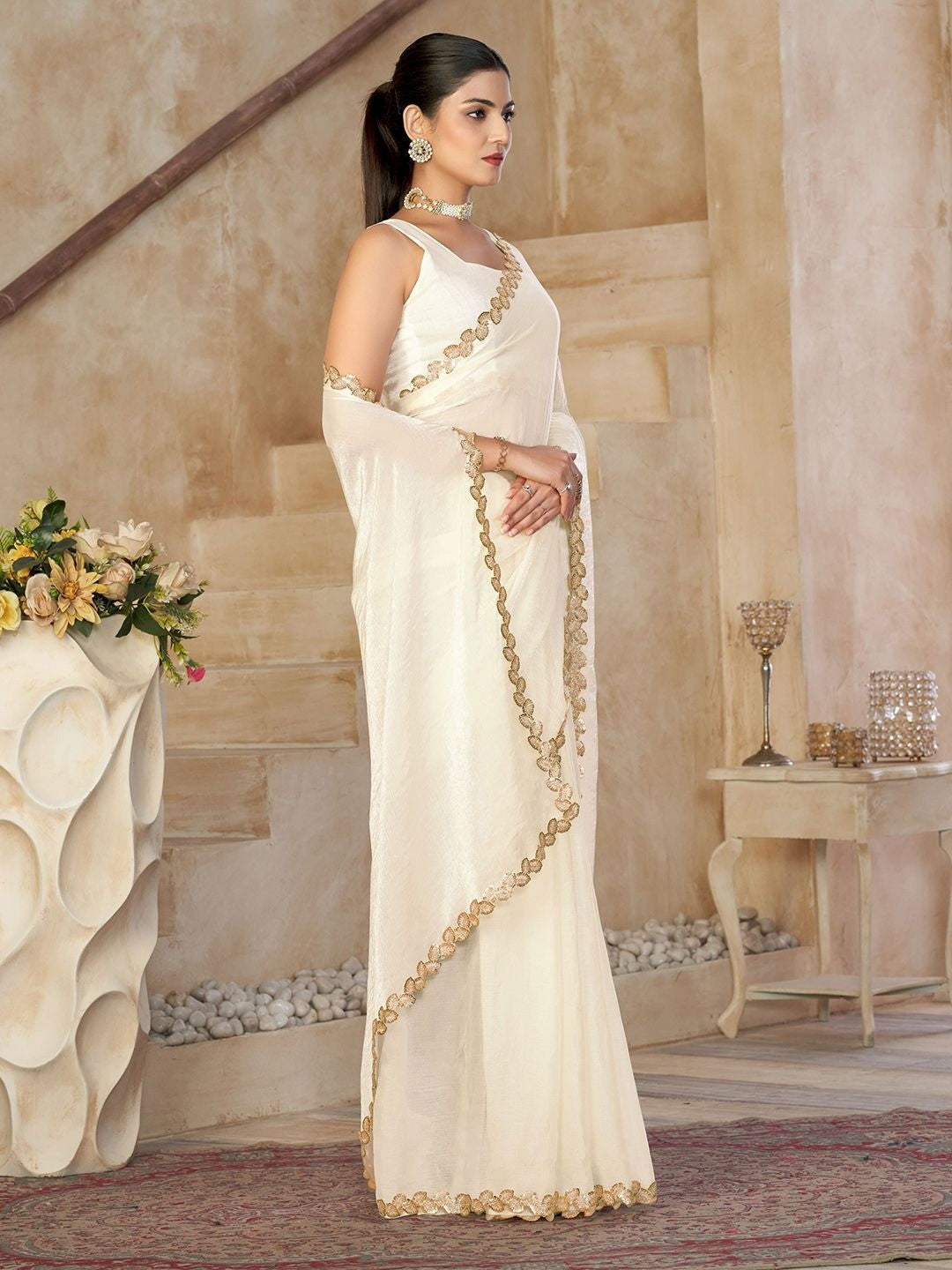 Off-White Satin Saree with Intricate Border Detailing for Elegant Evening Wear - Image 7