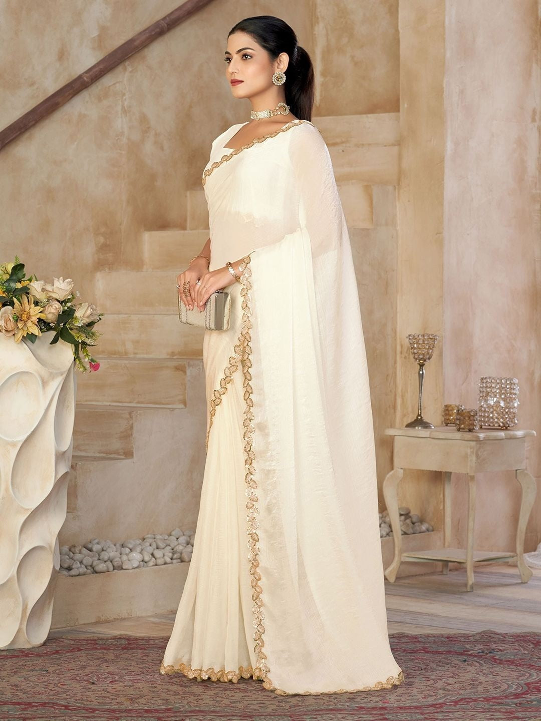 Off-White Satin Saree with Intricate Border Detailing for Elegant Evening Wear - Image 6