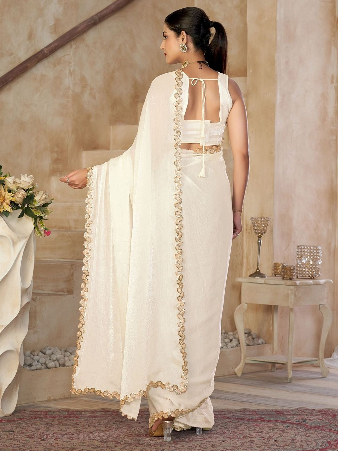 Off-White Satin Saree with Intricate Border Detailing for Elegant Evening Wear - Image 5