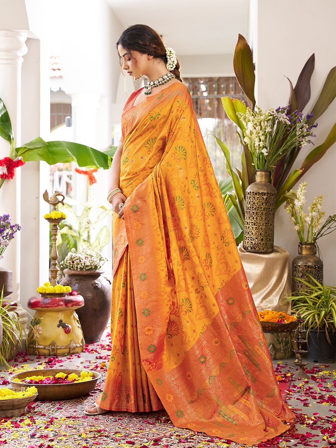 Classic Yellow Soft Silk Blend Saree Enhanced With Traditional Floral Weaving & Tassel Pallu - Image 7