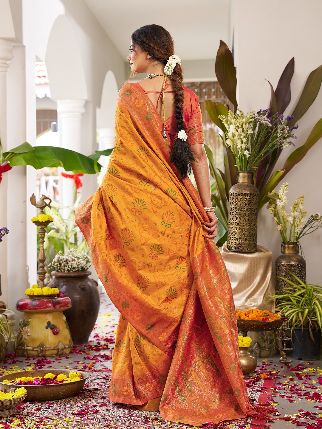 Classic Yellow Soft Silk Blend Saree Enhanced With Traditional Floral Weaving & Tassel Pallu - Image 5
