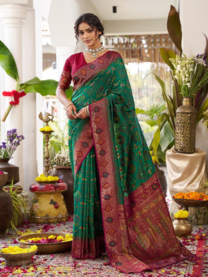 Classic Green Soft Silk Blend Saree Enhanced With Traditional Floral Weaving & Tassel Pallu - Image 1