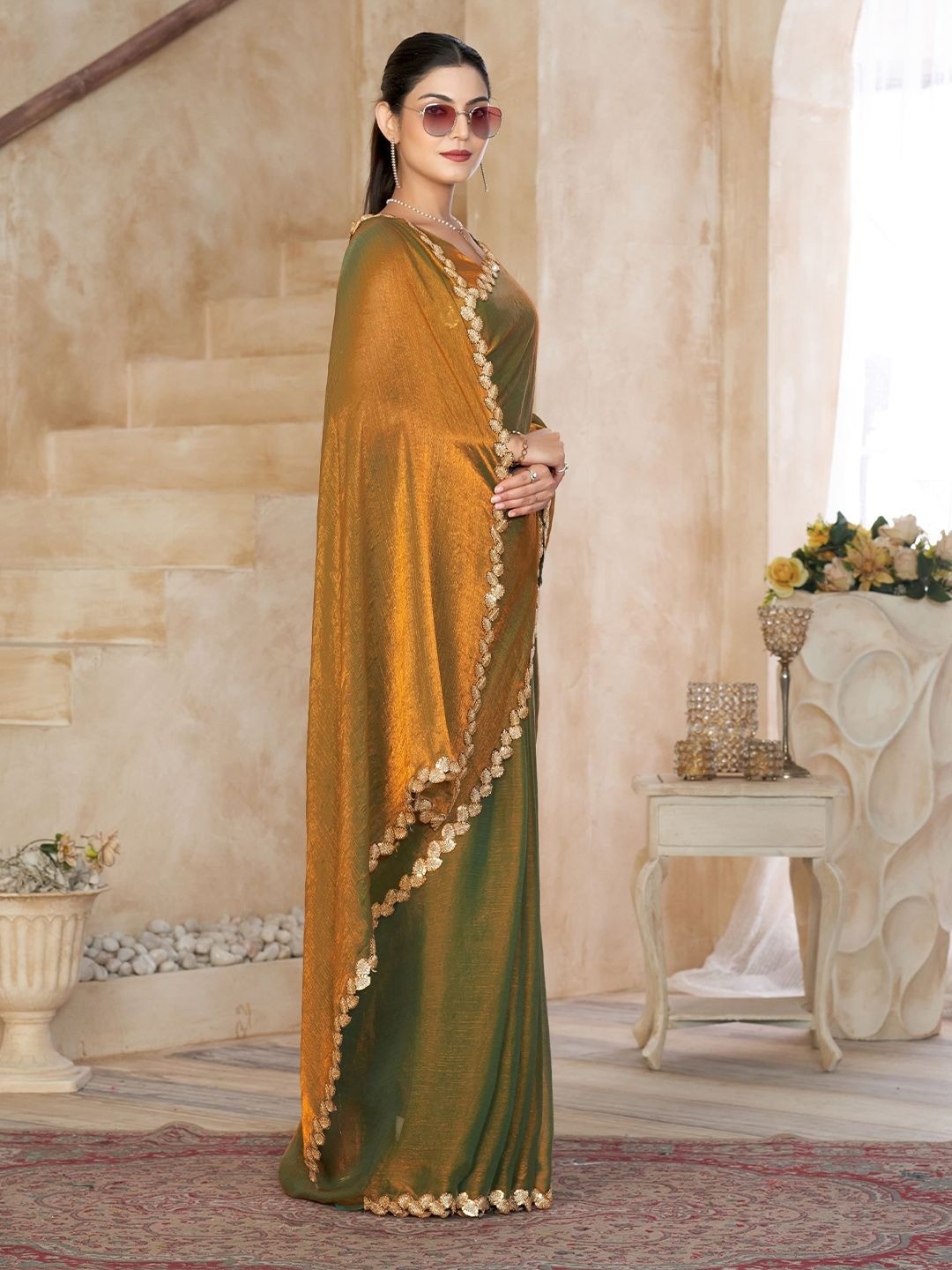 Gold Satin Saree with Intricate Border Detailing for Elegant Evening Wear - Image 2