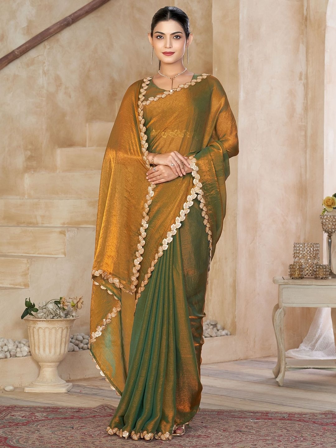 Gold Satin Saree with Intricate Border Detailing for Elegant Evening Wear - Image 5