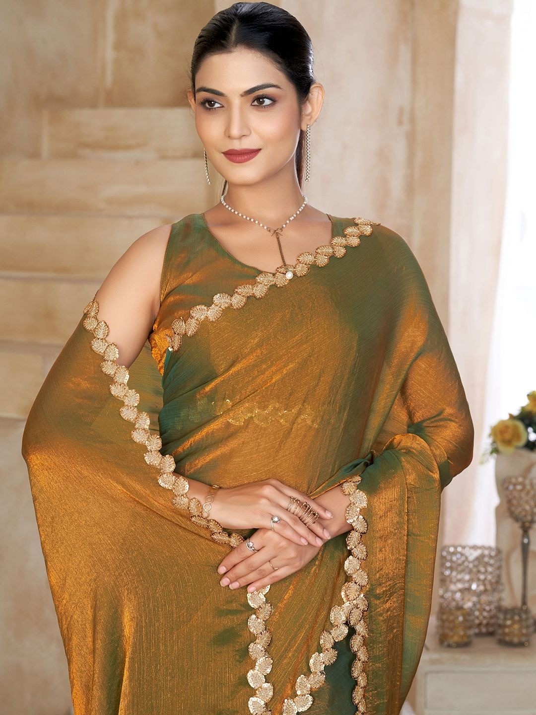 Gold Satin Saree with Intricate Border Detailing for Elegant Evening Wear - Image 3