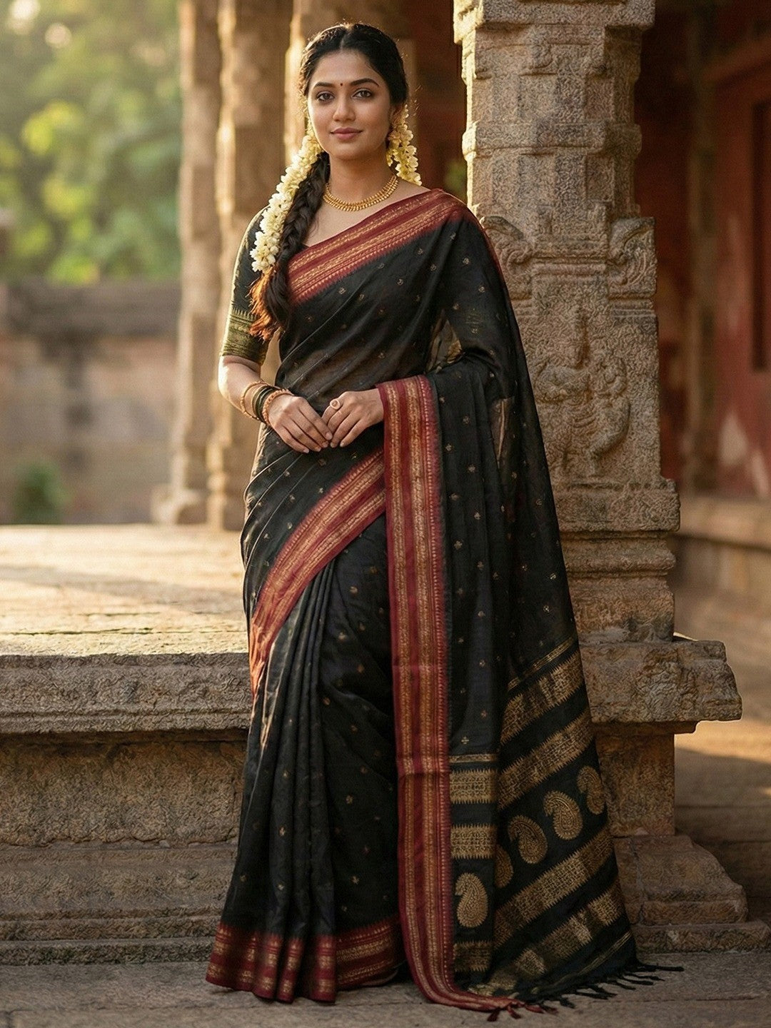 Graceful Black Woven Silk Blend Saree With Paisley Pattern Pallu & Decorative Tassels - Image 1