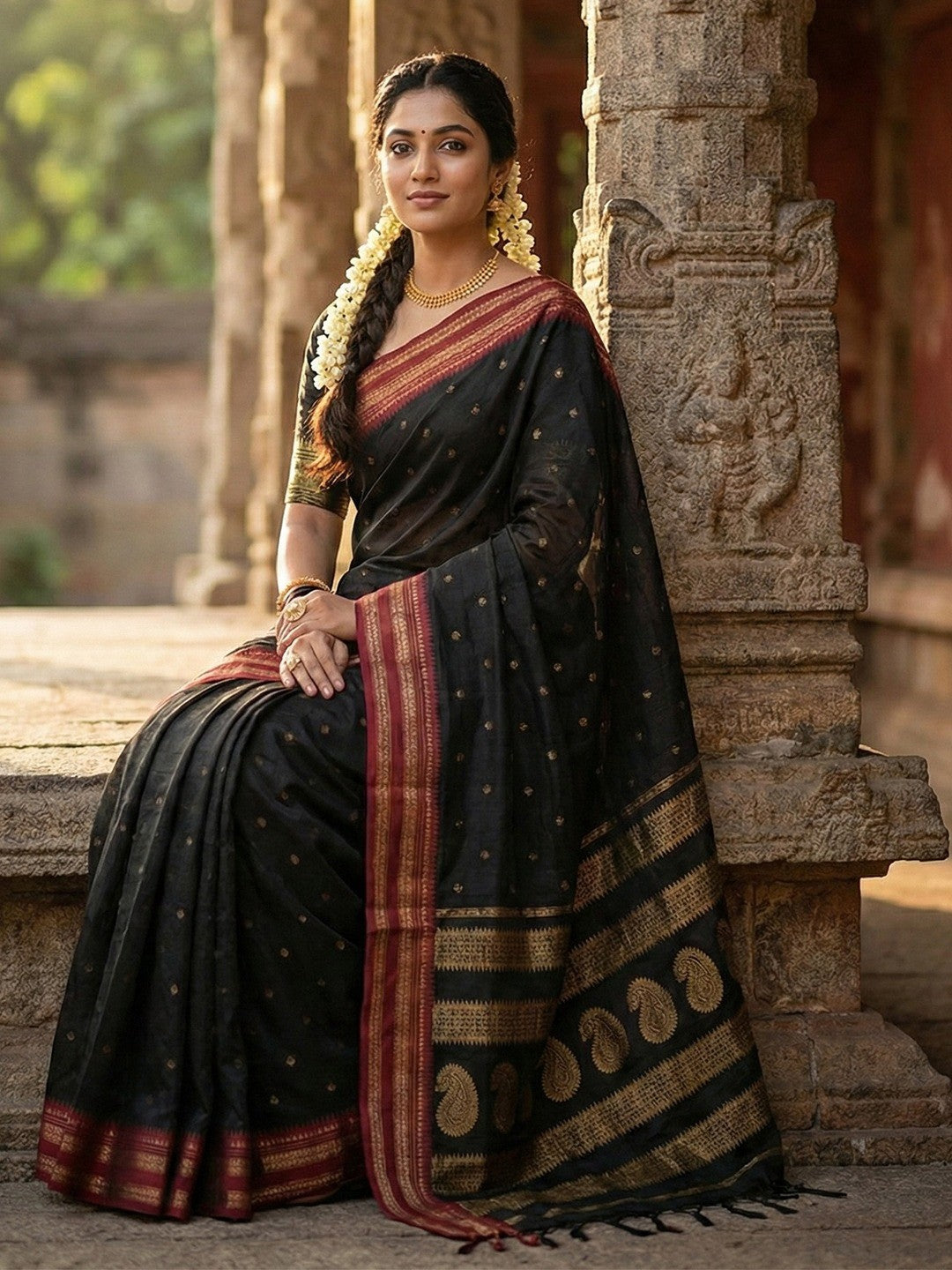 Graceful Black Woven Silk Blend Saree With Paisley Pattern Pallu & Decorative Tassels - Image 3