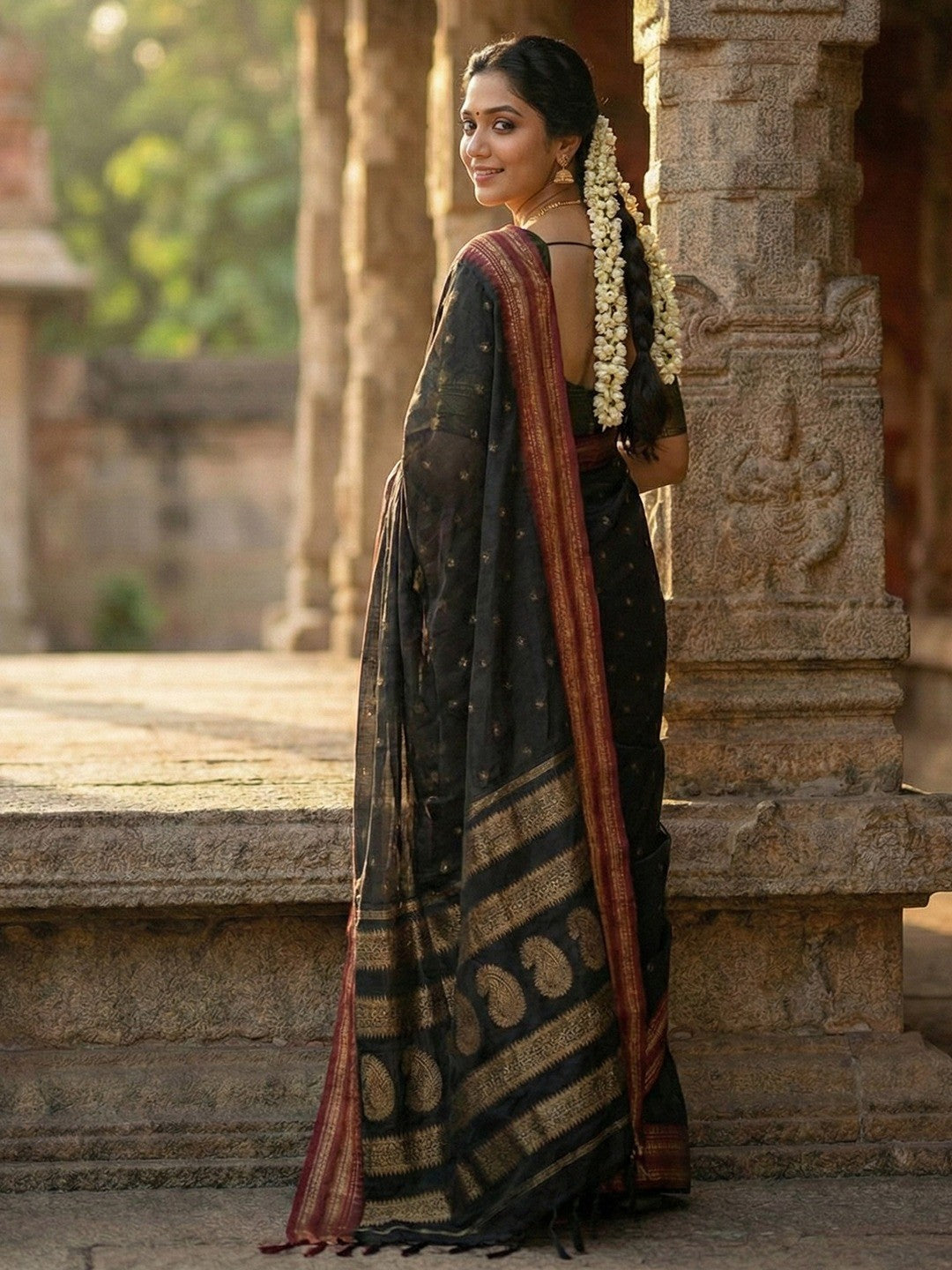 Graceful Black Woven Silk Blend Saree With Paisley Pattern Pallu & Decorative Tassels - Image 4