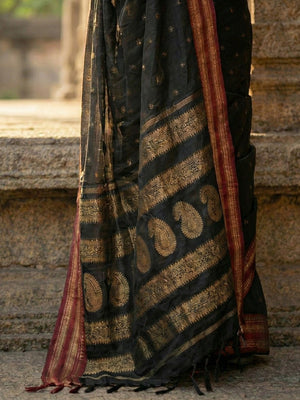Graceful Black Woven Silk Blend Saree With Paisley Pattern Pallu & Decorative Tassels - Image 2