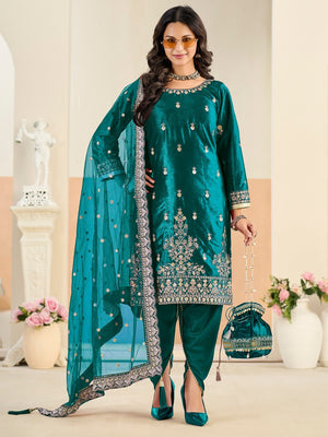 Designer Teal Velvet Salwar Suit with Intricate Sequins Embroidery Pattern - Image 1