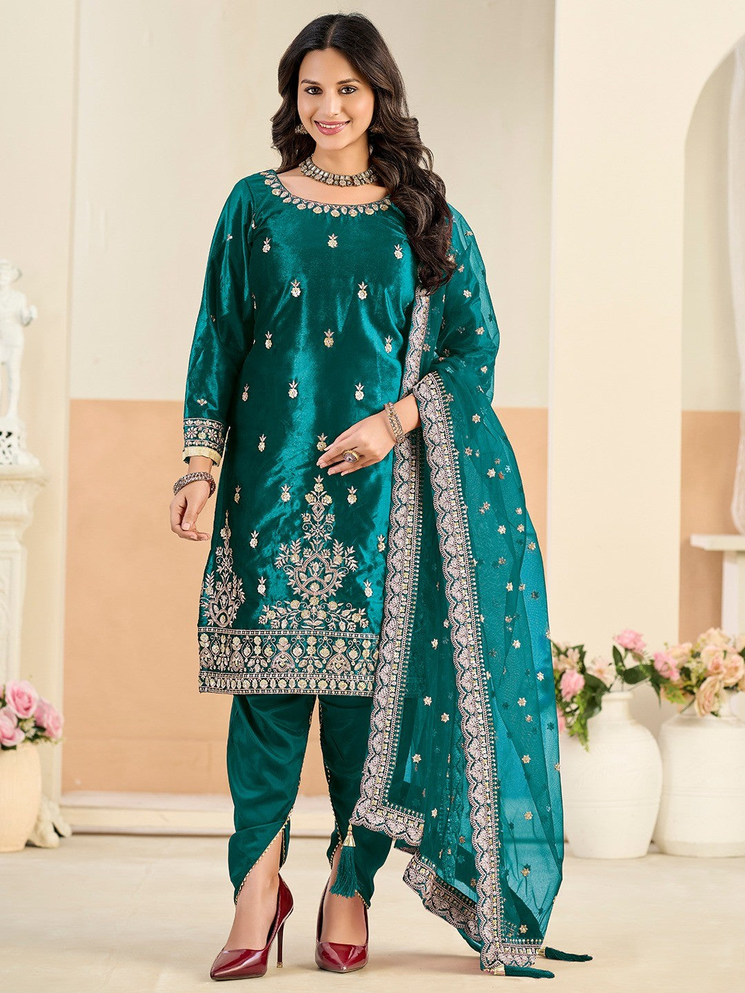Designer Teal Velvet Salwar Suit with Intricate Sequins Embroidery Pattern - Image 4