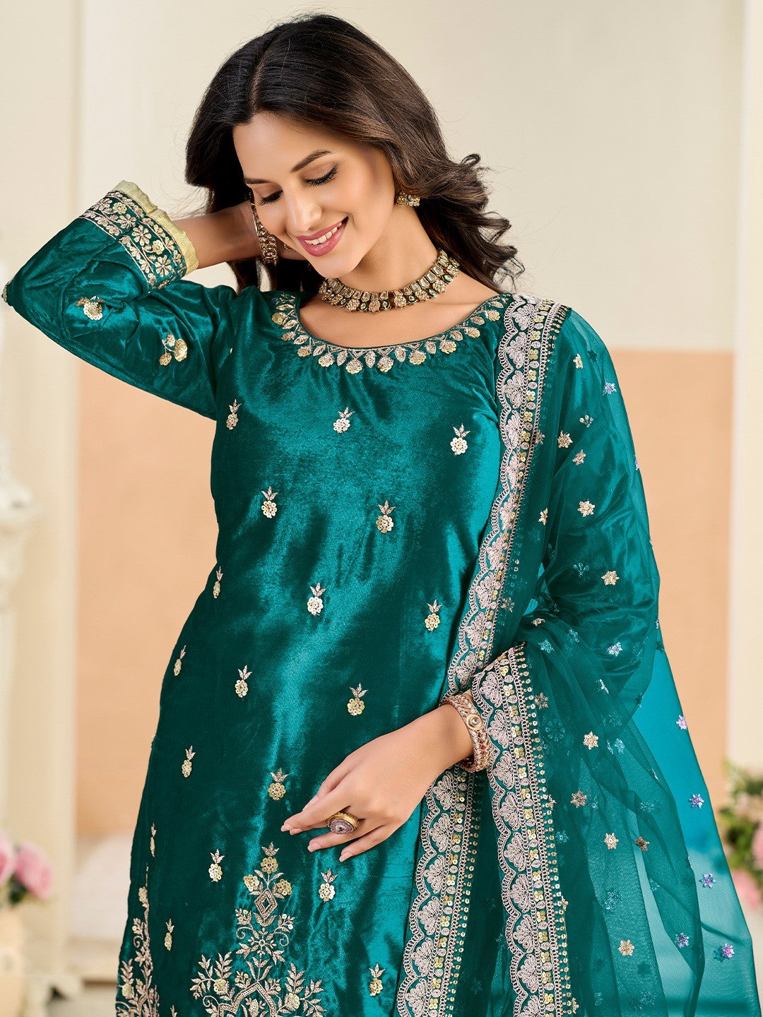 Designer Teal Velvet Salwar Suit with Intricate Sequins Embroidery Pattern - Image 3