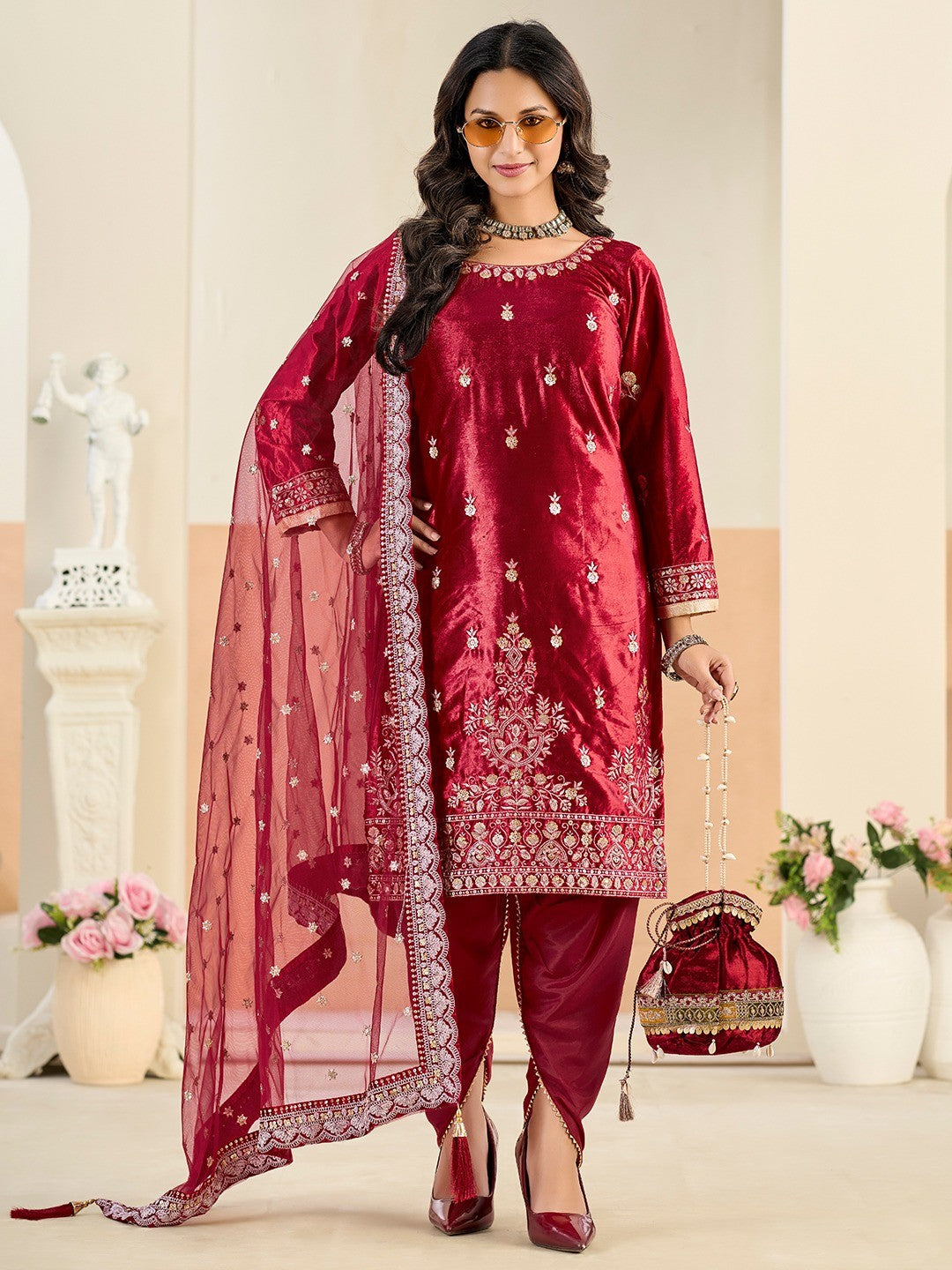 Designer Maroon Velvet Salwar Suit with Intricate Sequins Embroidery Pattern - Image 1