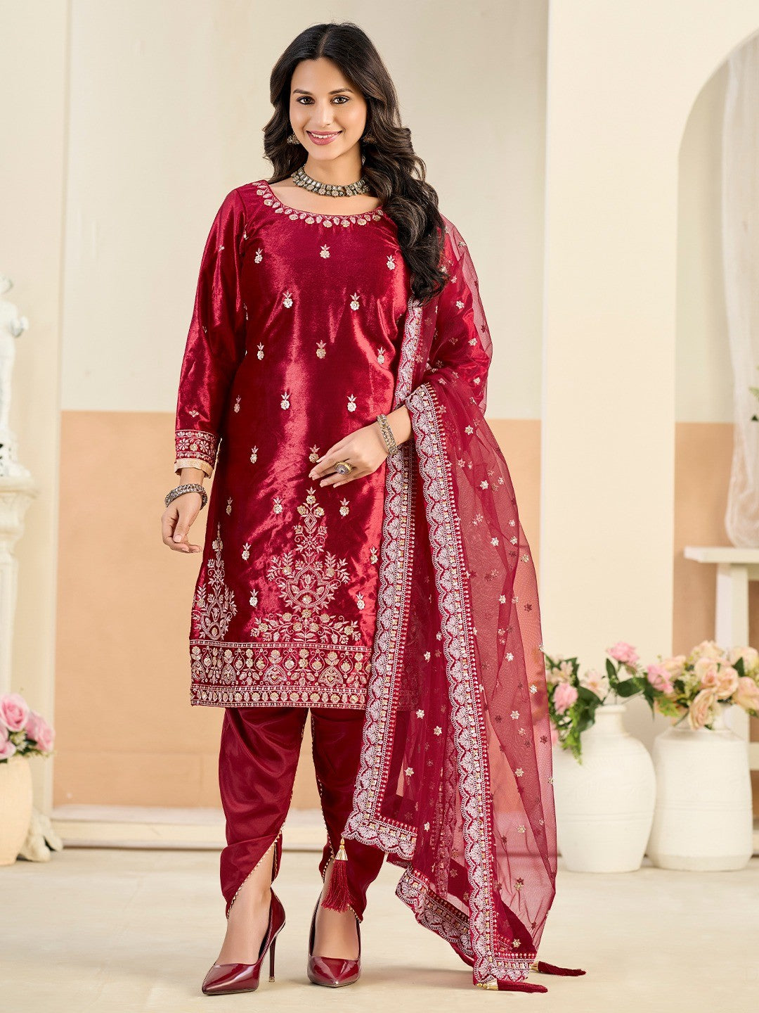 Designer Maroon Velvet Salwar Suit with Intricate Sequins Embroidery Pattern - Image 4
