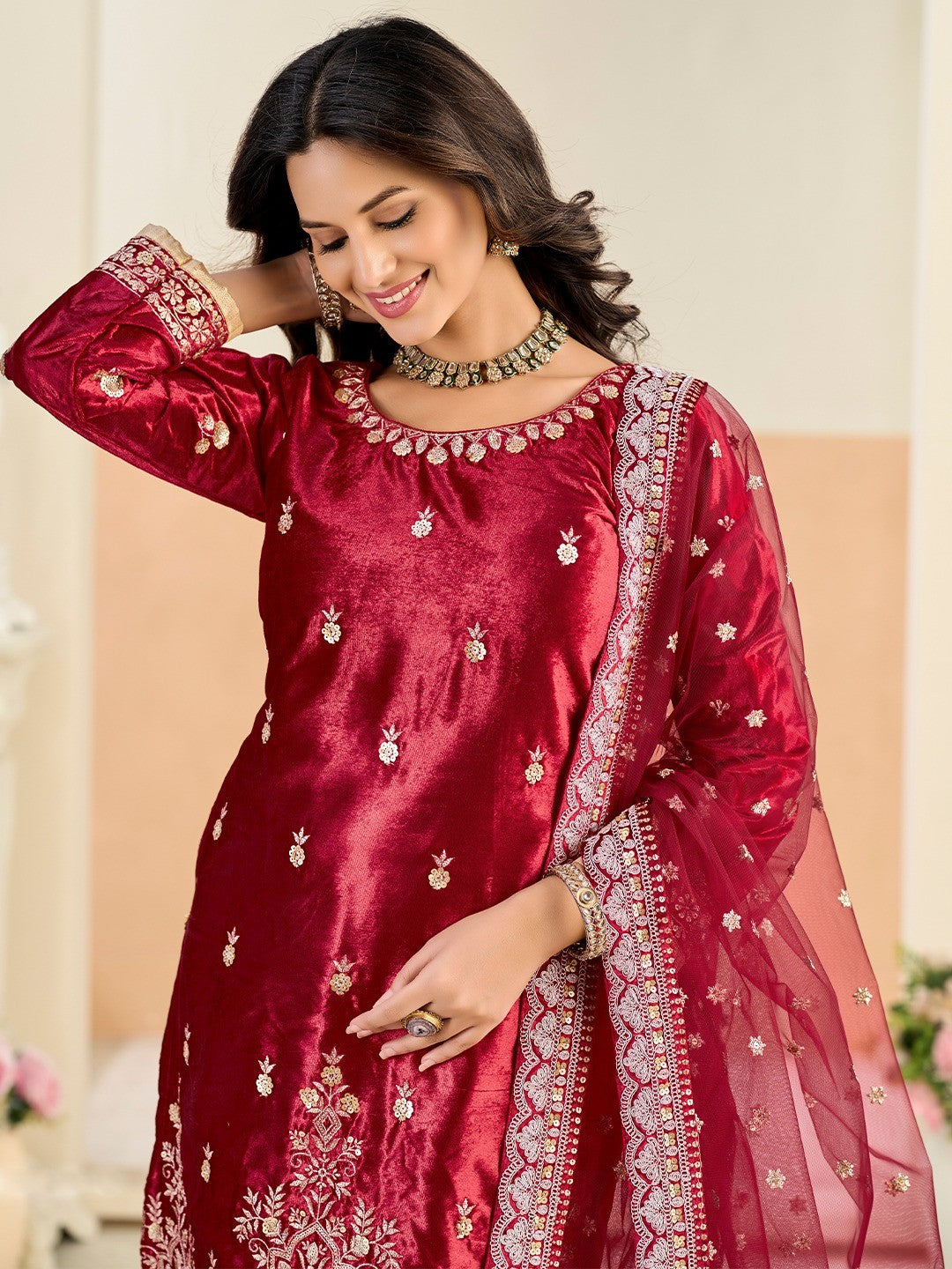 Designer Maroon Velvet Salwar Suit with Intricate Sequins Embroidery Pattern - Image 3