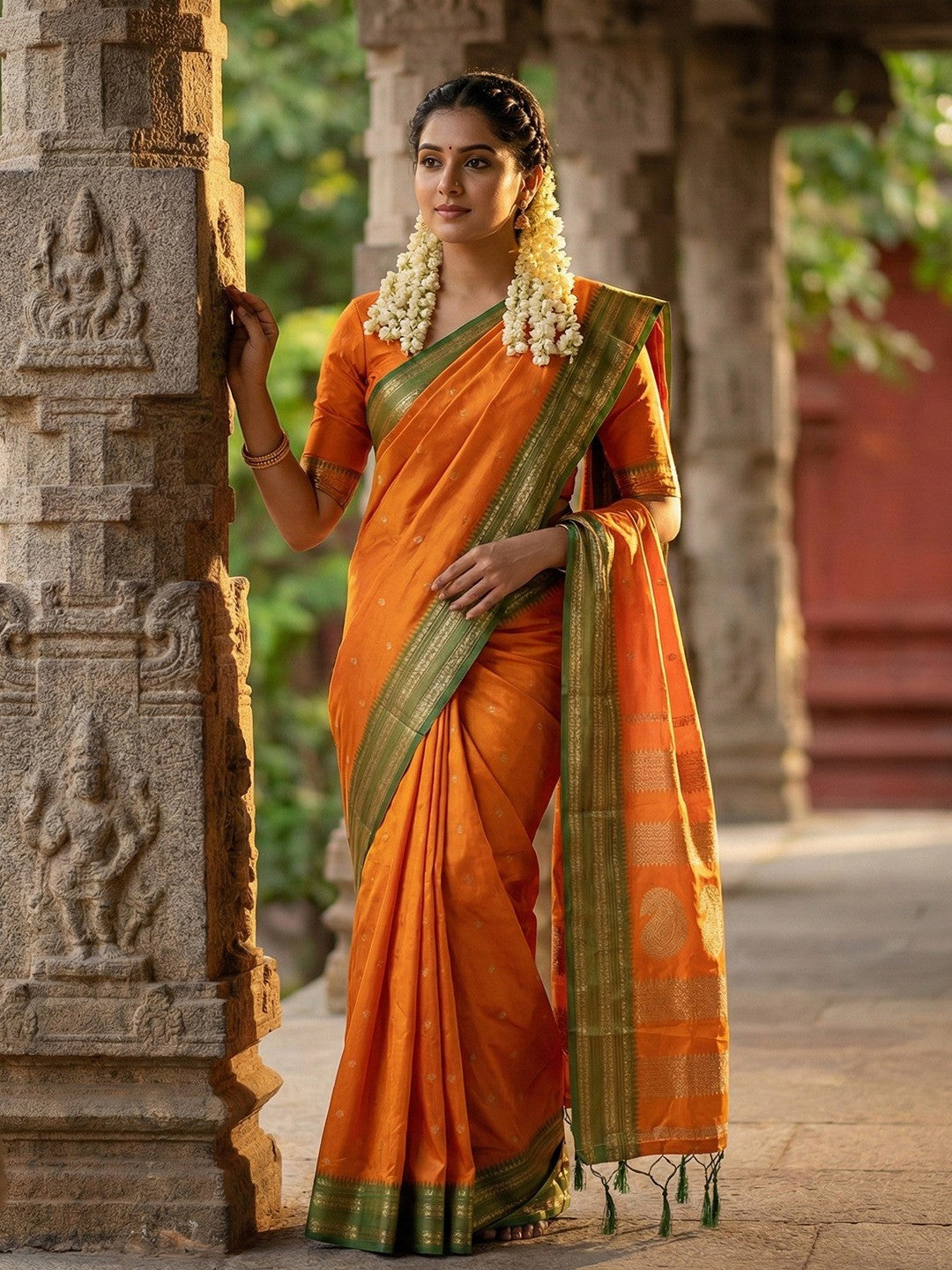 Graceful Orange Woven Silk Blend Saree With Paisley Pattern Pallu & Decorative Tassels - Image 1