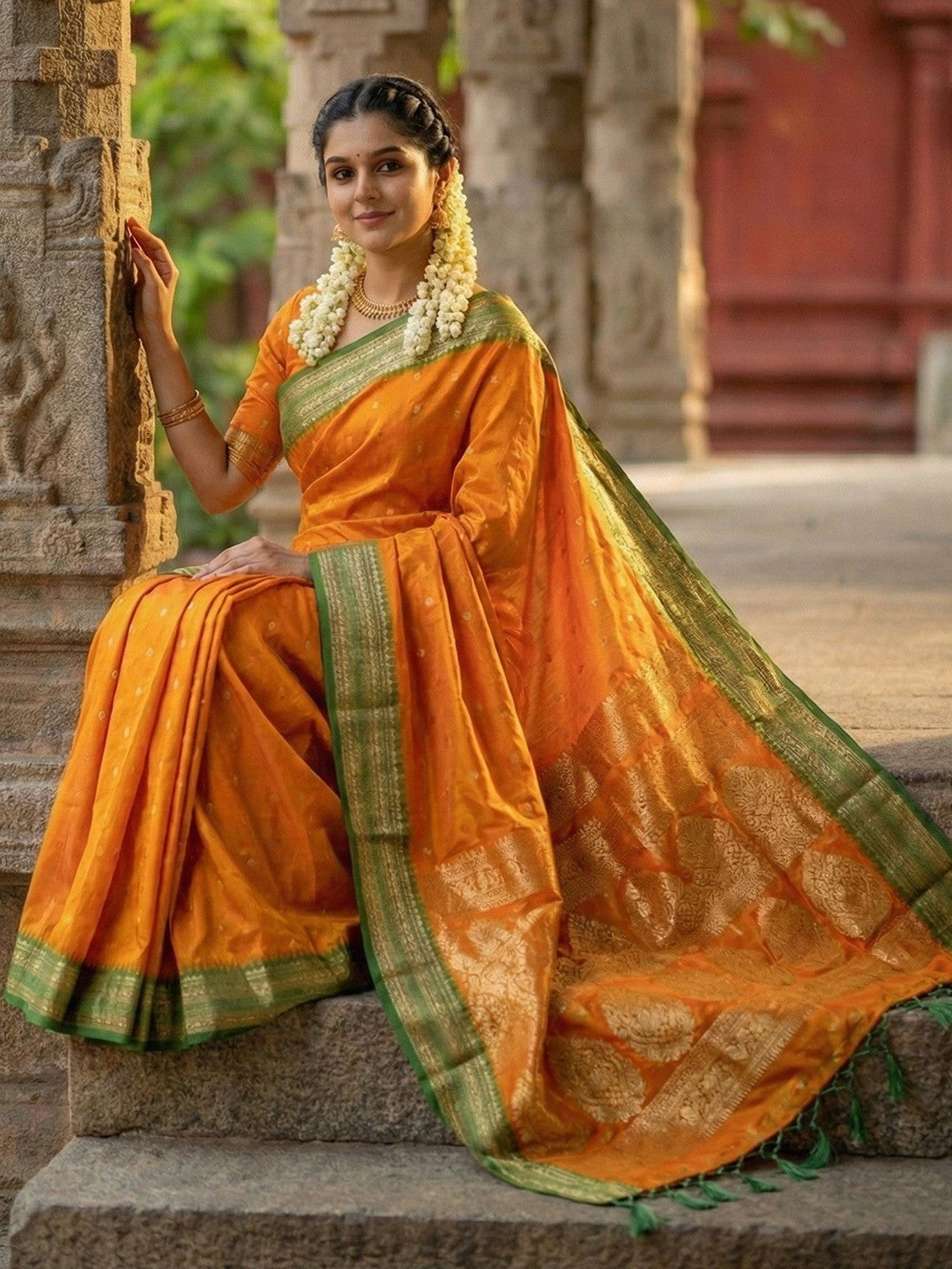 Graceful Orange Woven Silk Blend Saree With Paisley Pattern Pallu & Decorative Tassels - Image 4