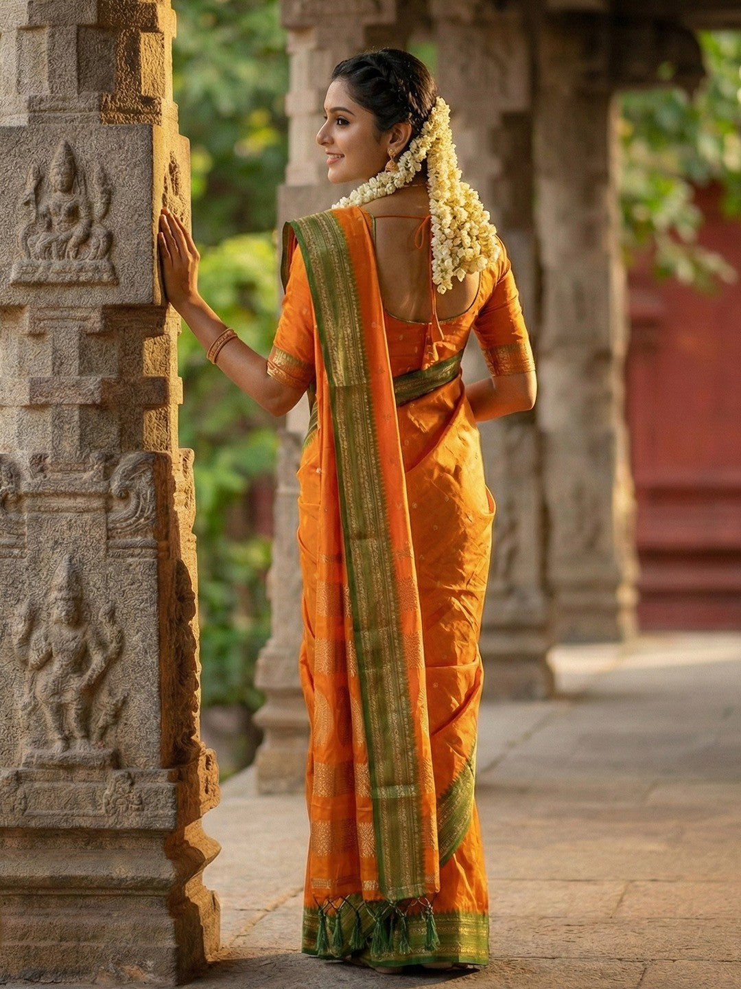 Graceful Orange Woven Silk Blend Saree With Paisley Pattern Pallu & Decorative Tassels - Image 3