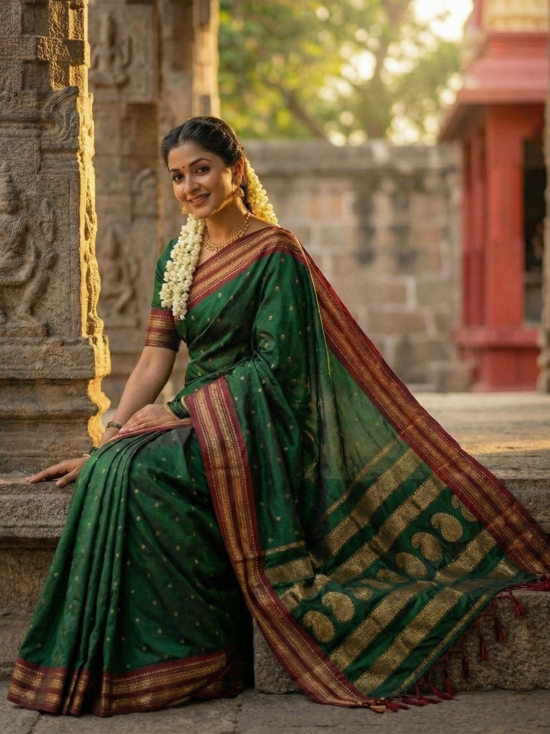 Graceful Green Woven Silk Blend Saree With Paisley Pattern Pallu & Decorative Tassels - Image 4