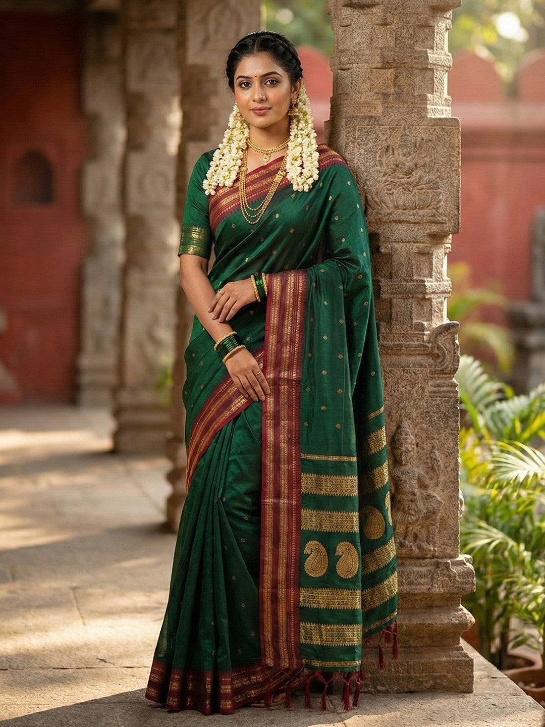 Graceful Green Woven Silk Blend Saree With Paisley Pattern Pallu & Decorative Tassels - Image 3