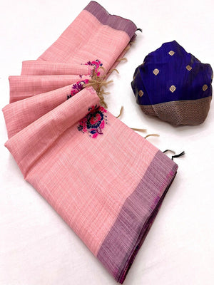 Pink Cotton Blend Saree Inspired by Jamnadi Craft with Delicate Floral Woven Motifs and Smooth Drape - Image 2