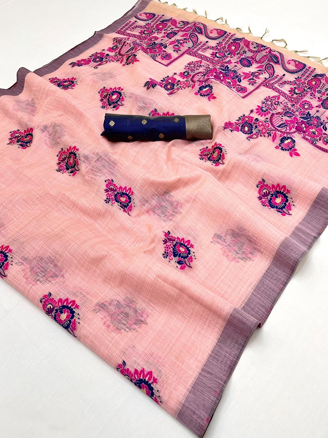 Pink Cotton Blend Saree Inspired by Jamnadi Craft with Delicate Floral Woven Motifs and Smooth Drape - Image 3