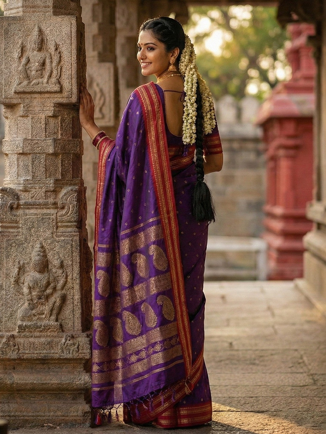Graceful Royal Purple Woven Silk Blend Saree With Paisley Pattern Pallu & Decorative Tassels - Image 2