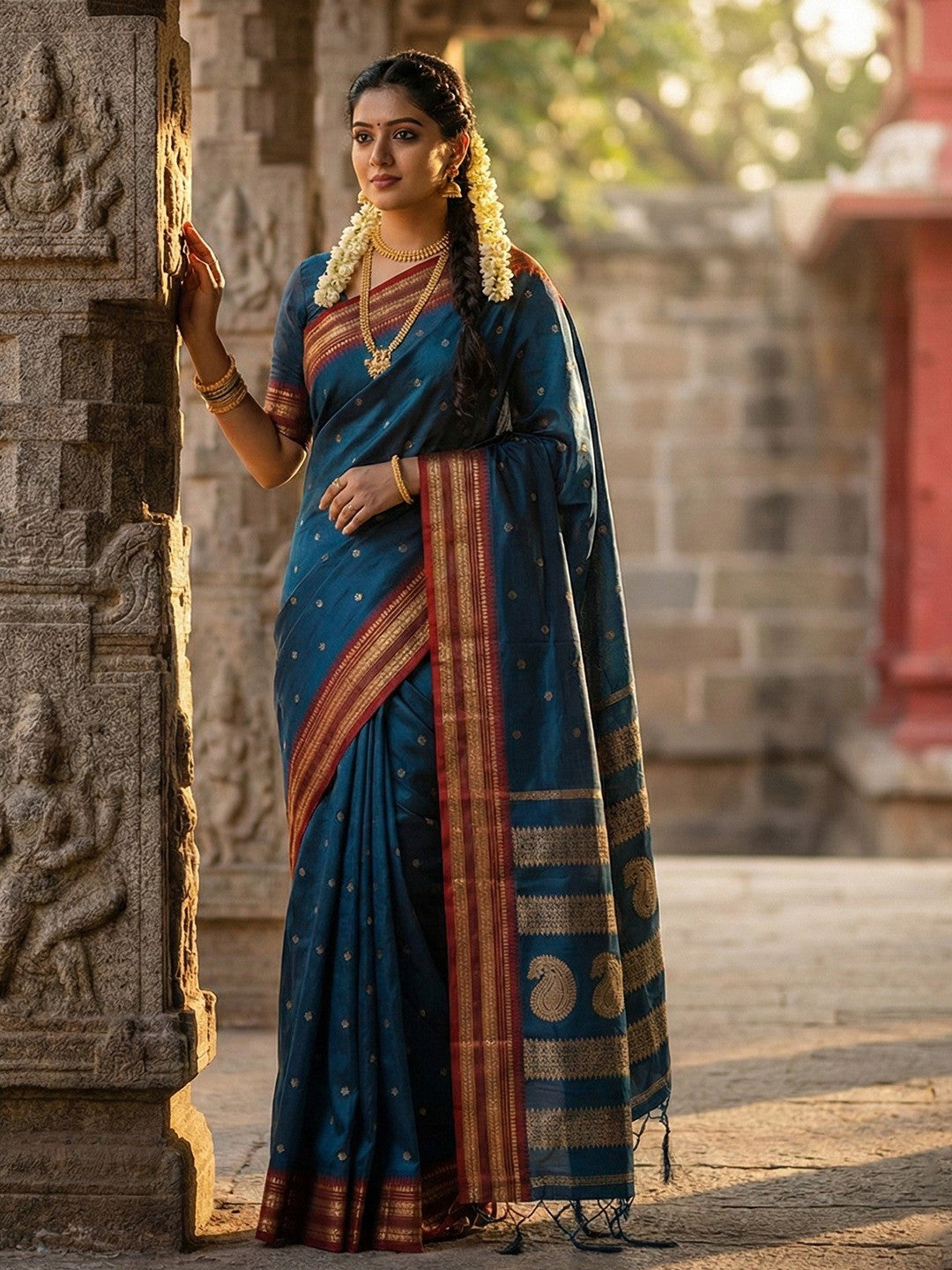 Graceful Peacock Blue Woven Silk Blend Saree With Paisley Pattern Pallu & Decorative Tassels - Image 1
