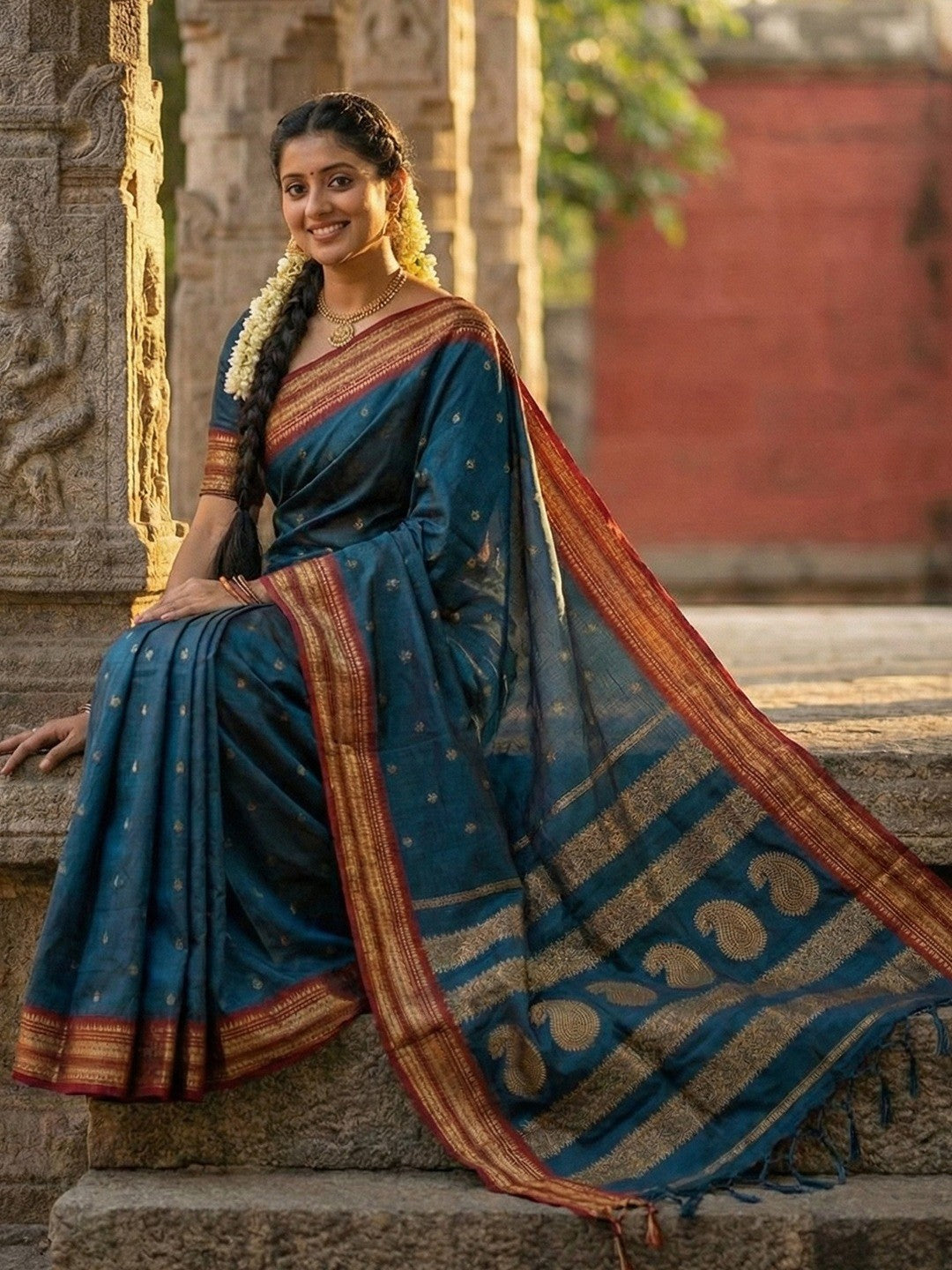 Graceful Peacock Blue Woven Silk Blend Saree With Paisley Pattern Pallu & Decorative Tassels - Image 2