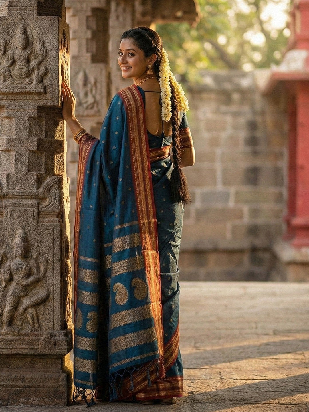 Graceful Peacock Blue Woven Silk Blend Saree With Paisley Pattern Pallu & Decorative Tassels - Image 4