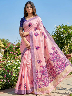 Pink Cotton Blend Saree Inspired by Jamnadi Craft with Delicate Floral Woven Motifs and Smooth Drape - Image 1
