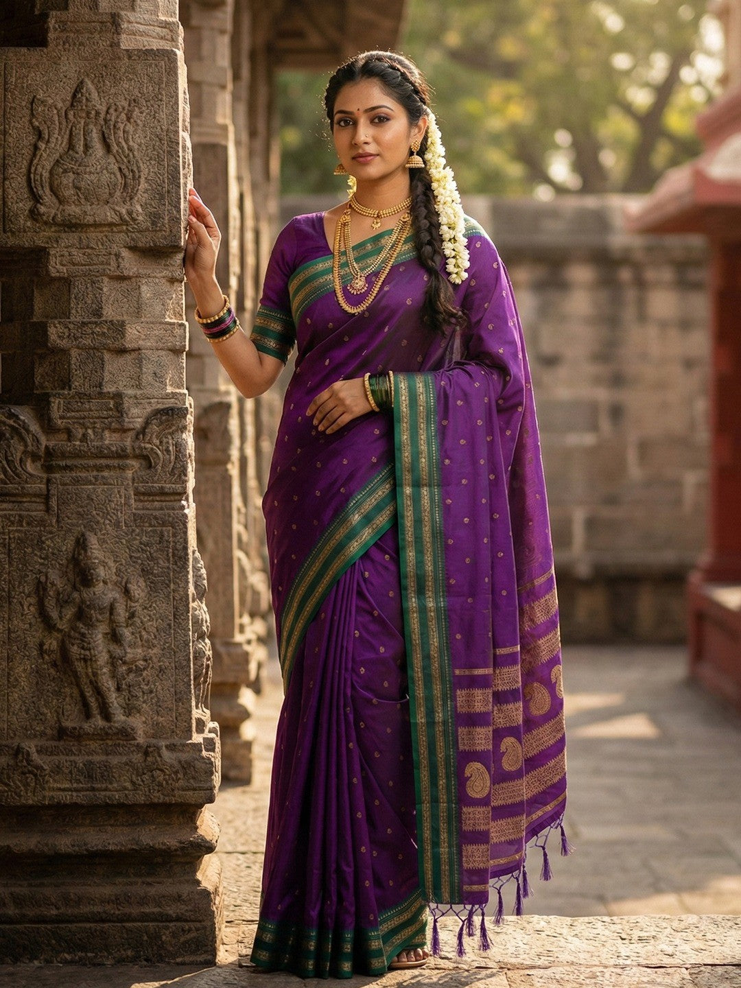 Graceful Purple Woven Silk Blend Saree With Paisley Pattern Pallu & Decorative Tassels - Image 1