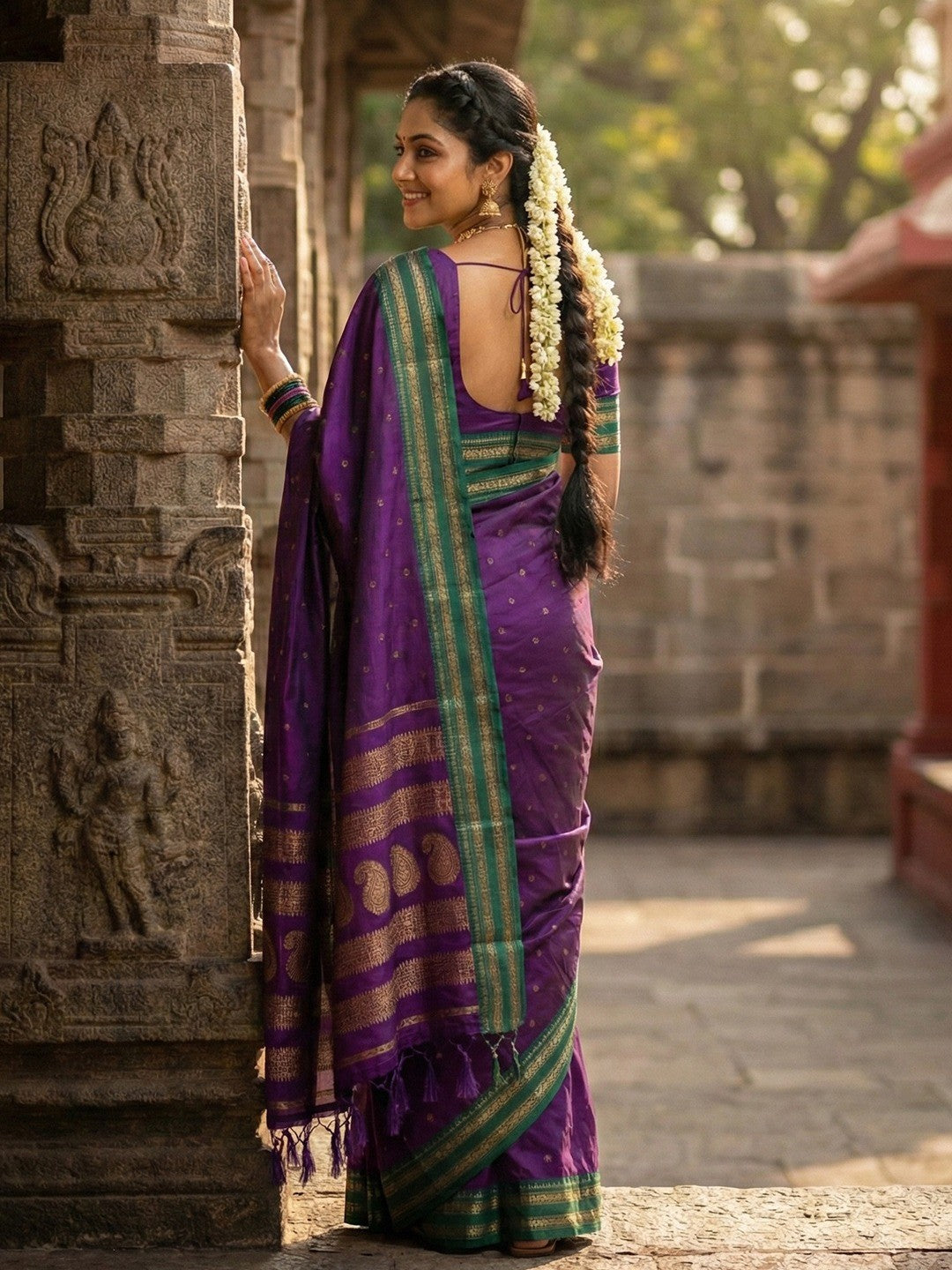 Graceful Purple Woven Silk Blend Saree With Paisley Pattern Pallu & Decorative Tassels - Image 3