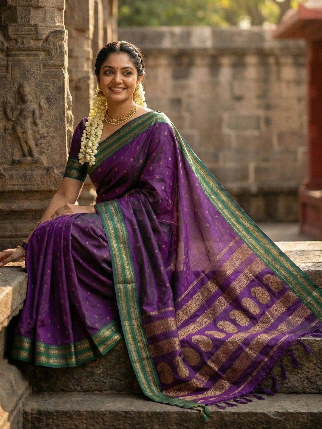 Graceful Purple Woven Silk Blend Saree With Paisley Pattern Pallu & Decorative Tassels - Image 3