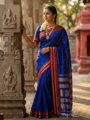 Graceful Royal Blue Woven Silk Blend Saree With Paisley Pattern Pallu & Decorative Tassels - Image 1