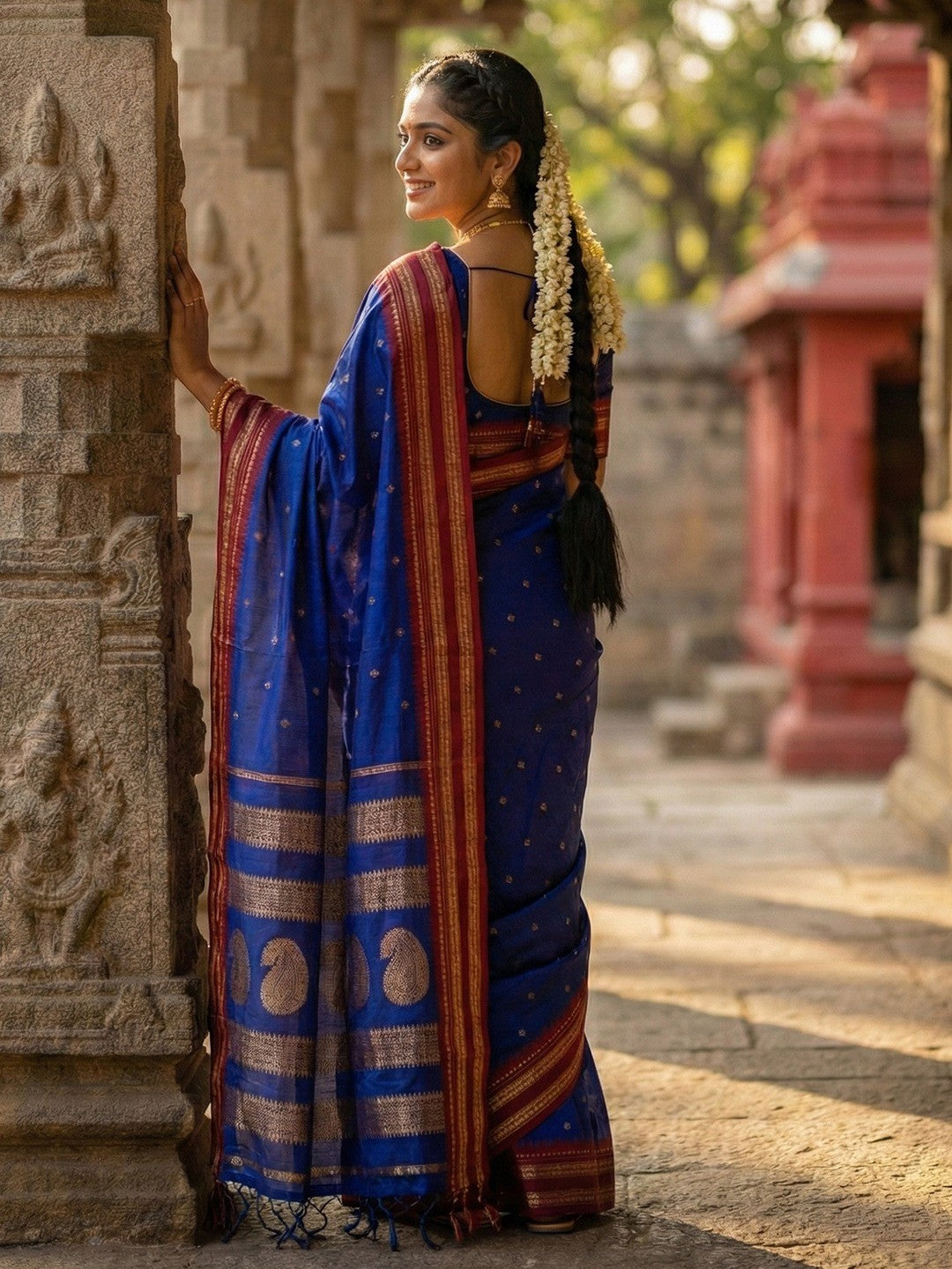 Graceful Royal Blue Woven Silk Blend Saree With Paisley Pattern Pallu & Decorative Tassels - Image 4